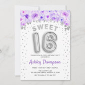 Sweet 16 Birthday Party - Lila Silberballons Einladung (Vorderseite)
