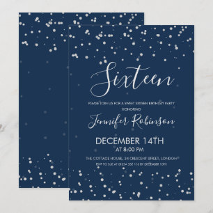 Sweet 16 Birthday Party Navy Silver Foil Dots Einladung