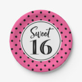 Sweet 16 Birthday Party Pink Schwarz-weiß Dots Pappteller (Vorderseite)