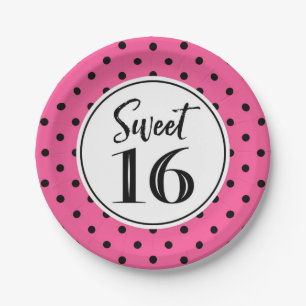 Sweet 16 Birthday Party Pink Schwarz-weiß Dots Pappteller