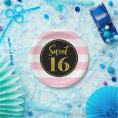 Sweet 16 Birthday Party Pink Schwarz-weiß Stripes Pappteller (Party)