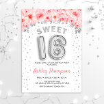 Sweet 16 Birthday Party - Rosa Silberballons Einladung<br><div class="desc">Sweet 16 Geburtstagsfeier Einladung. Elegantes Design in Imitaten Glitzer Silber mit Blumenakzent. Einladende Karte mit Silber-Nummer 16 Ballons,  Script-Schriftart mit Konfetti. Rosa und weiß rot. Ideal für eine stilvolle sechzehnte Feier. Nachricht,  wenn du ein Alter brauchst.</div>