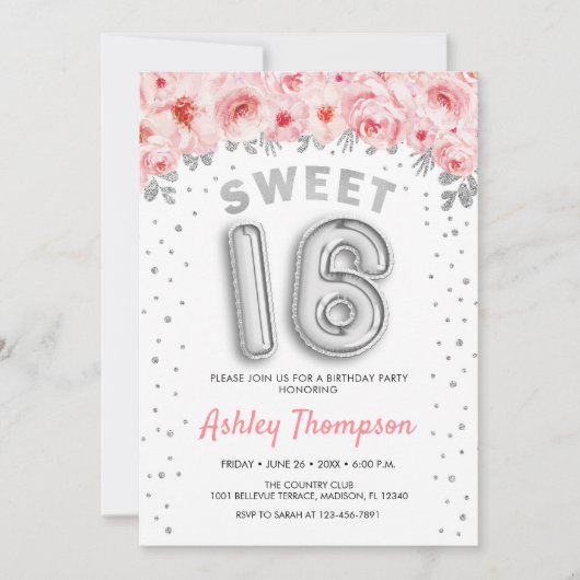 Sweet 16 Birthday Party - Rosa Silberballons Einladung (Vorderseite)