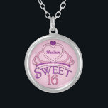 Sweet 16 Birthday Personalisiert Pink Princess Tia Versilberte Kette<br><div class="desc">Niedliche 16 . Geburtstag-Halskette Geburtstagsgeschenk,  um als Gastgeschenke am Ende Ihres großen Teenager-Bash. Personalisieren Sie,  indem Sie Ihren Namen in hübschen lila Skript innerhalb der rosa tiara. Ein hübsches,  süßes 16 Design.</div>