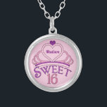 Sweet 16 Birthday Personalisiert Pink Princess Tia Versilberte Kette<br><div class="desc">Niedliche 16 . Geburtstag-Halskette Geburtstagsgeschenk,  um als Gastgeschenke am Ende Ihres großen Teenager-Bash. Personalisieren Sie,  indem Sie Ihren Namen in hübschen lila Skript innerhalb der rosa tiara. Ein hübsches,  süßes 16 Design.</div>