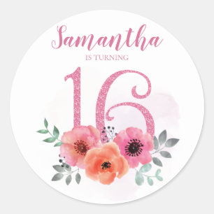 Sweet 16 Birthday Pink Aquarell Glitzer Runder Aufkleber