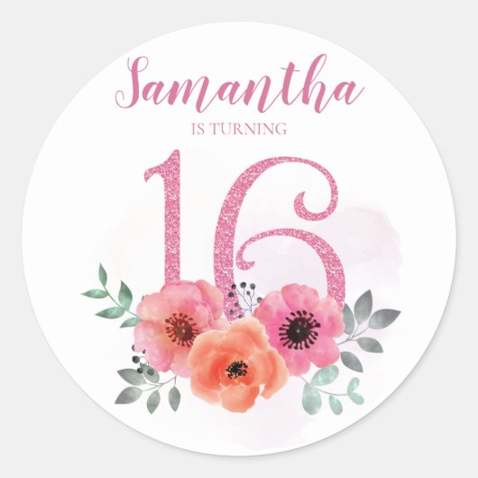 Sweet 16 Birthday Pink Aquarell Glitzer Runder Aufkleber (Vorderseite)