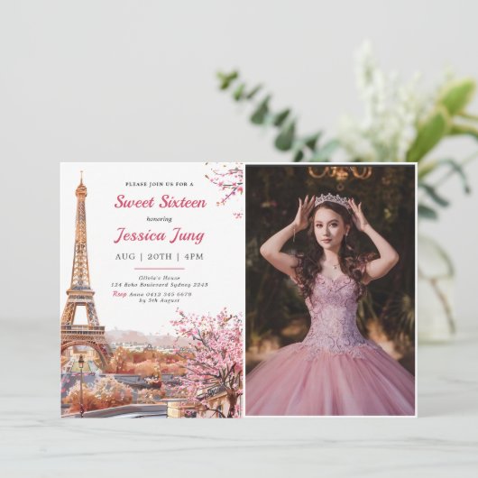 Sweet 16 Birthday Pink Floral Paris Eiffel Foto Einladung (Stehend Vorderseite)