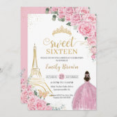Sweet 16 Birthday Pink Floral Paris Eiffel Gold Einladung (Vorne/Hinten)