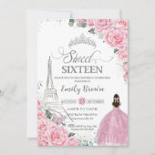 Sweet 16 Birthday Pink Floral Paris Eiffel Silver Einladung (Vorderseite)