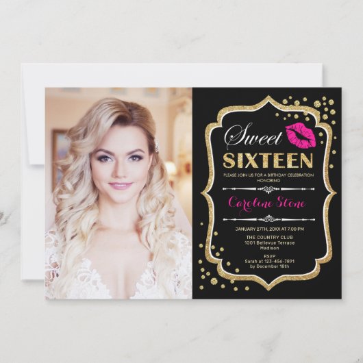 Sweet 16 Birthday Pink Kiss Gold Black Foto Einladung (Vorderseite)