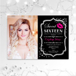Sweet 16 Birthday Pink Kiss Silver Black Foto Einladung<br><div class="desc">Pink Kiss Silver Black Foto Sweet 16 Geburtstag. 16 . Geburtstag Geburtstagsfeier Einladung mit Ihrem Bild. Enthält Skript-Schriftart,  Lips Kuss und Konfetti. Klassisches schwarz rosa Design mit Imitaten Glitzer Silber. Ideal für eine elegante 16. Geburtstagsfeier.</div>