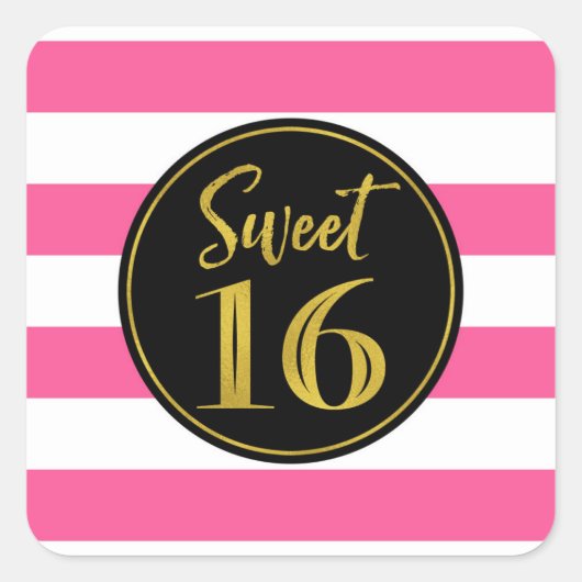 Sweet 16 Birthday Pink Schwarz-weiß Gold Quadratischer Aufkleber (Vorderseite)