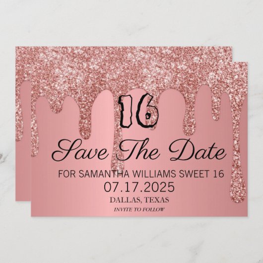 Sweet 16 Birthday Pink Sparkle Glitzer Tropfen Save The Date (Vorne/Hinten)