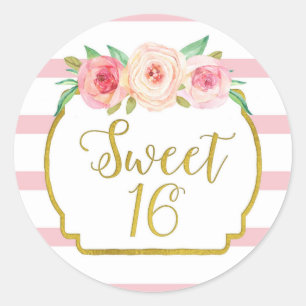 Sweet 16 Birthday Pink Stripes Gold Pink Blüte Runder Aufkleber