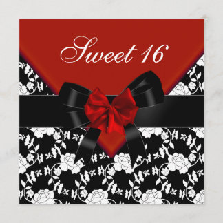 Sweet 16 Birthday Red Schwarz-weiß Floral Bow Einladung