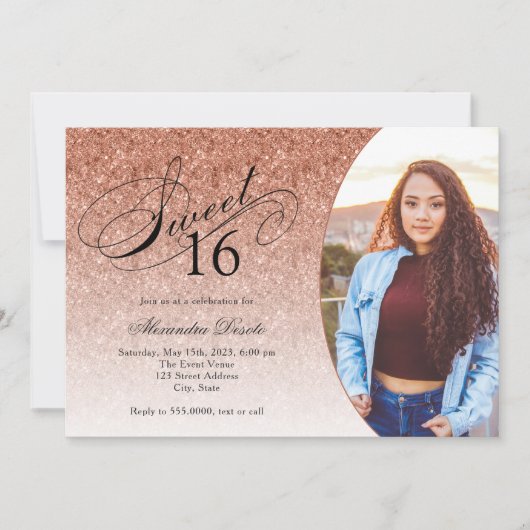 Sweet 16 Birthday Rose Gold Glitzer Glam Foto Einladung (Vorderseite)