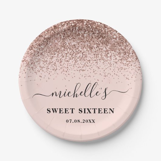 Sweet 16 Birthday Rose Gold Glitzer Sparkle Name Pappteller (Vorderseite)