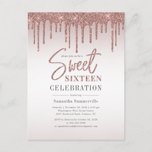 Sweet 16 Birthday Rose Gold Script Party Einladungspostkarte (Vorderseite)