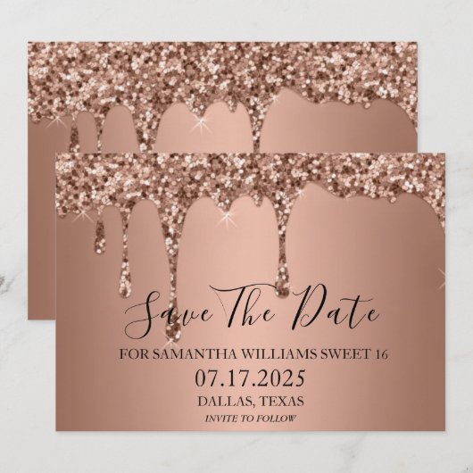 Sweet 16 Birthday Rose Gold Sparkle Glitzer Tropfe Save The Date (Vorne/Hinten)