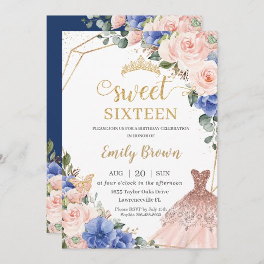 Sweet 16 Birthday Royal Blue Blush Blumenkleid Einladung (Vorne/Hinten)