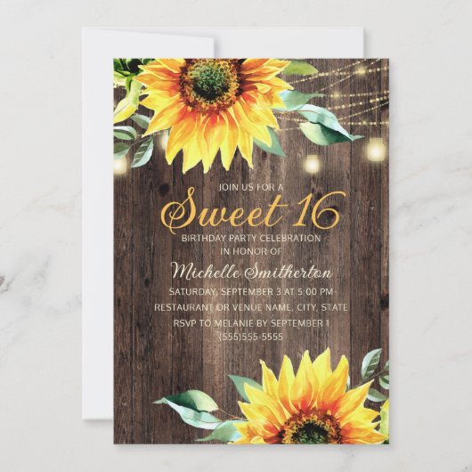 Sweet 16 Birthday Rustic Sonnenblumen String Light Einladung (Vorderseite)