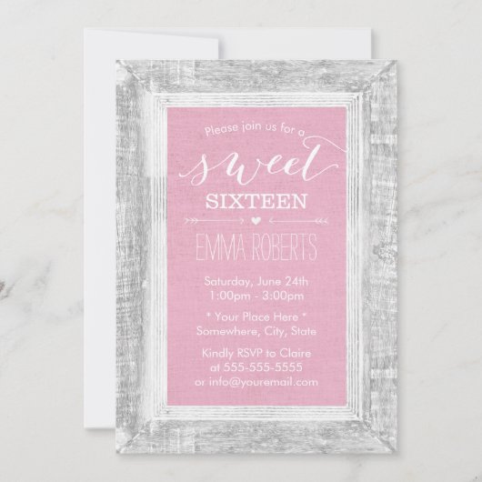 Sweet 16 Birthday Rustikale Holzrahmen hellrosa Einladung (Vorderseite)
