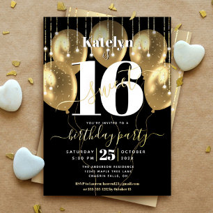 Sweet 16 Birthday Script Balloons Black Real Gold Folieneinladung