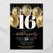 Sweet 16 Birthday Script Balloons Black Real Gold Folieneinladung (Vorderseite)