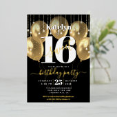 Sweet 16 Birthday Script Balloons Black Real Gold Folieneinladung (Stehend vorne)