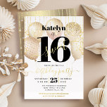 Sweet 16 Birthday Script Balloons White Real Gold Folieneinladung<br><div class="desc">"Happy Sweet 16". Versenden Sie diese atemberaubende, einfache, festliche, moderne, personalisierte reale Goldfolie-Party Einladung für eine Veranstaltung, an die Sie sich erinnern können. Fett, grafisch, schwarz Typografie und echtes, handgeschriebenes Drehbuch aus Goldfolie überlagern Imitate Goldballons und Imitate goldene funkelnd Streichellichter auf einem ausgeklügelten, weißen Hintergrund. Personalisieren Sie den benutzerdefinierten Text...</div>