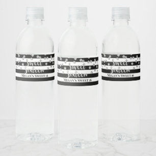 Sweet 16 Birthday Silver Confetti Black Stripes Wasserflaschenetikett