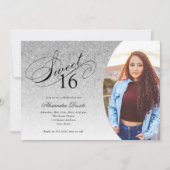 Sweet 16 Birthday Silver Glitzer Glam Foto Einladung (Vorderseite)