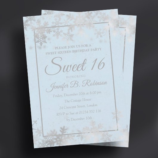Sweet 16 Birthday Silver Ice Blue Foil Schneeflock Einladung