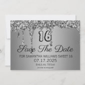Sweet 16 Birthday Silver Sparkle Glitzer Tropfen Save The Date (Vorderseite)