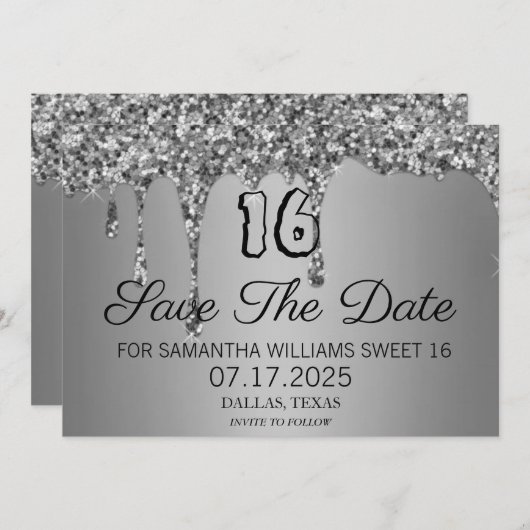 Sweet 16 Birthday Silver Sparkle Glitzer Tropfen Save The Date (Vorne/Hinten)