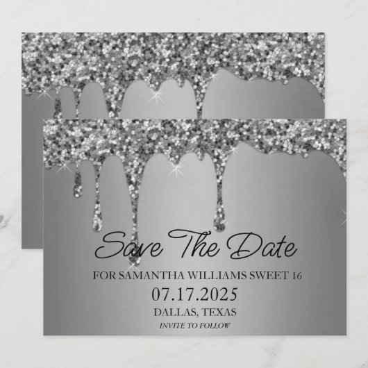 Sweet 16 Birthday Silver Sparkle Glitzer Tropfen Save The Date (Vorne/Hinten)