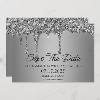 Sweet 16 Birthday Silver Sparkle Glitzer Tropfen Save The Date
