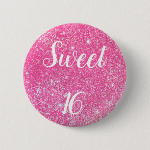 SWEET 16 Birthday Sparkle Hot Pink Glitzer Button