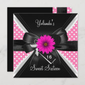 Sweet 16 Birthday Spot Polka Dot Schwarz-weiß Pink Einladung (Vorne/Hinten)