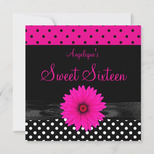 Sweet 16 Birthday Spot Polka Dot Schwarz-weiß Pink Einladung (Vorderseite)