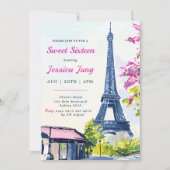 Sweet 16 Birthday Watercolor Blumeneiffelturm Einladung (Vorderseite)