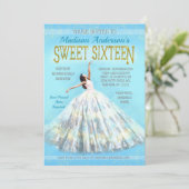 Sweet 16 Birthday Watercolor Dress Royal Blue Gold Einladung (Stehend Vorderseite)