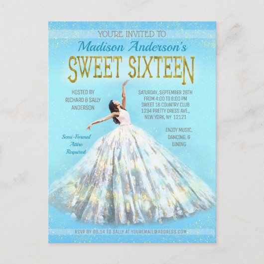Sweet 16 Birthday Watercolor Dress Royal Blue Gold Postkarte (Vorderseite)