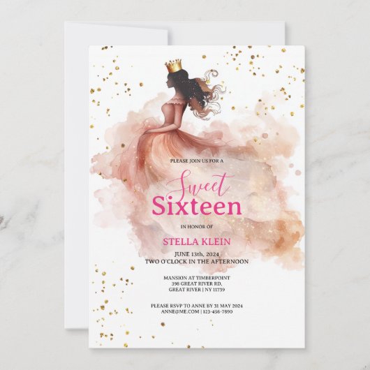 Sweet 16 Birthday - Watercolor Pink & Gold Glitzer Einladung (Vorderseite)