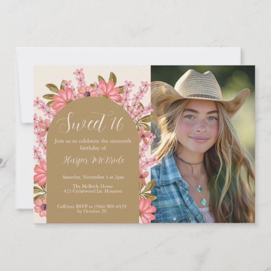 Sweet 16 Birthday Wildblumen Foto Floral Boho Einladung (Vorderseite)