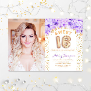 Sweet 16 Birthday With Photo - Gold Purple Floral Einladung