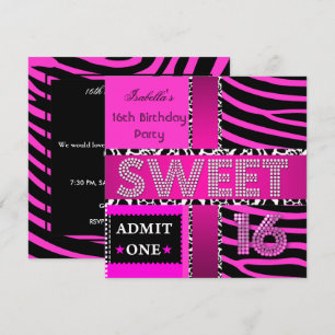 Sweet 16 Birthday Zebra Kuh Hot Pink Black Einladung