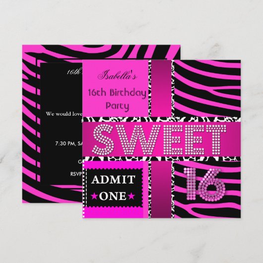 Sweet 16 Birthday Zebra Kuh Hot Pink Black Einladung (Vorne/Hinten)