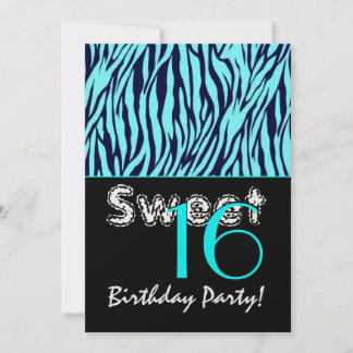 Sweet 16 Birthday Zebra Stripes Midnight Blue Aqua Einladung